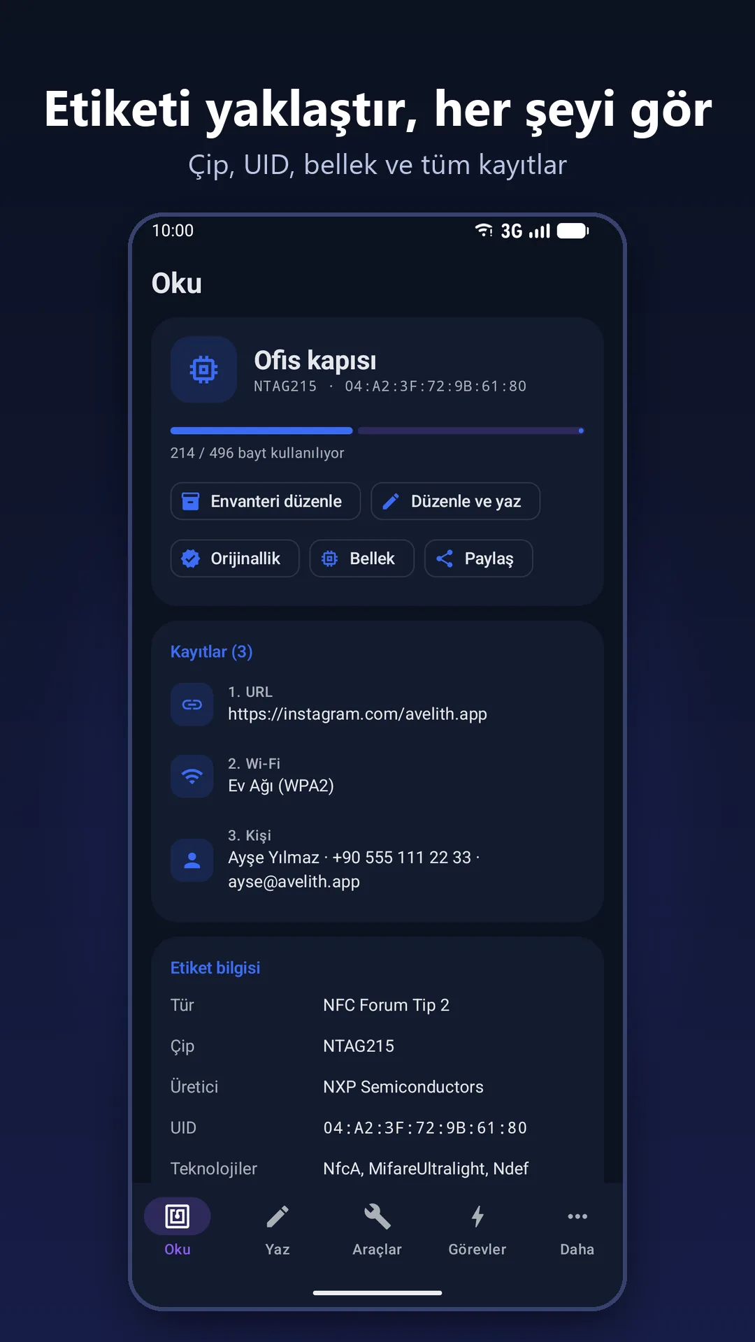 Avelith NFC Tools okuma ekranı: NTAG215 etiketin bellek kullanımı, kayıtları ve etiket bilgisi