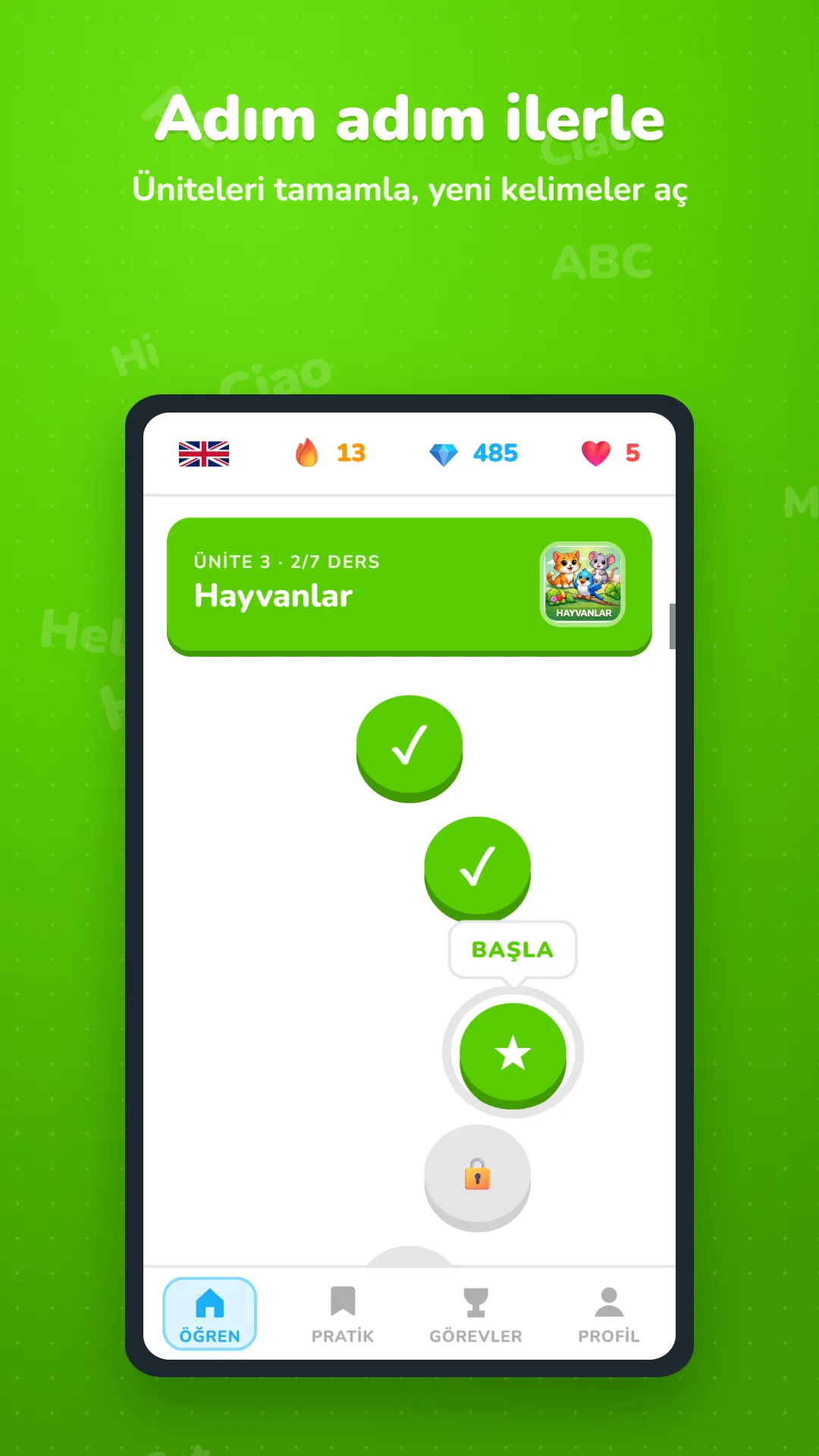 WordQuest İngilizce kelime öğrenme oyunu ana ekranı: Hayvanlar ünitesinde ders yolu