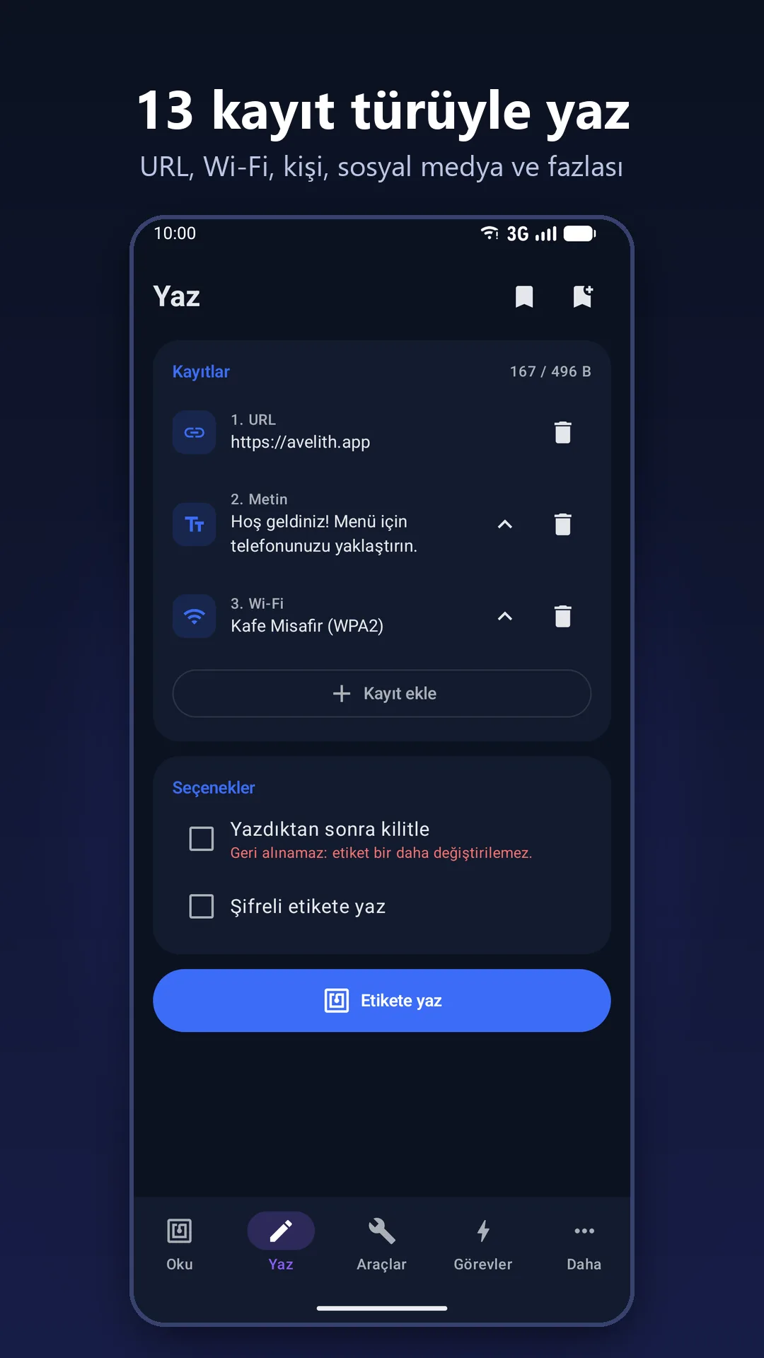 Avelith NFC Tools yazma ekranı: URL, metin ve Wi-Fi kayıtları ile Etikete yaz düğmesi