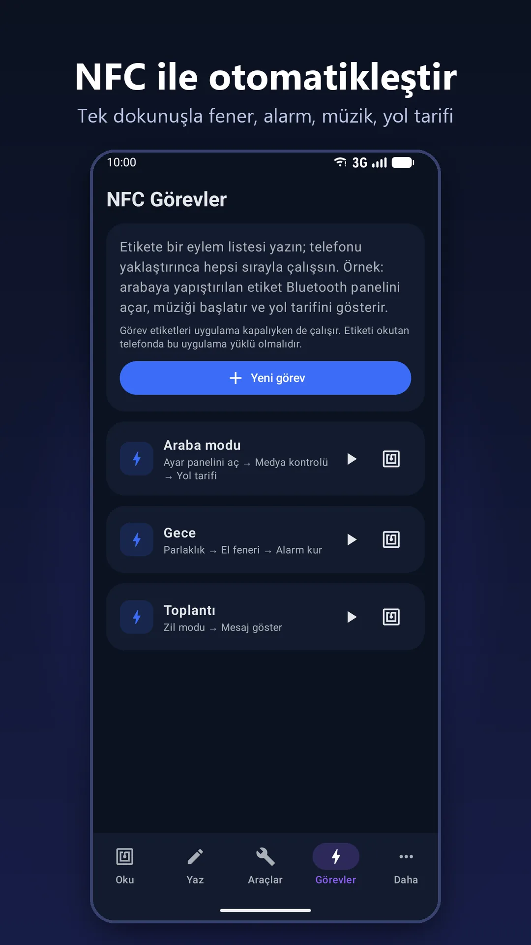 Avelith NFC Tools NFC Görevler ekranı: Araba modu, Gece ve Toplantı görevleri