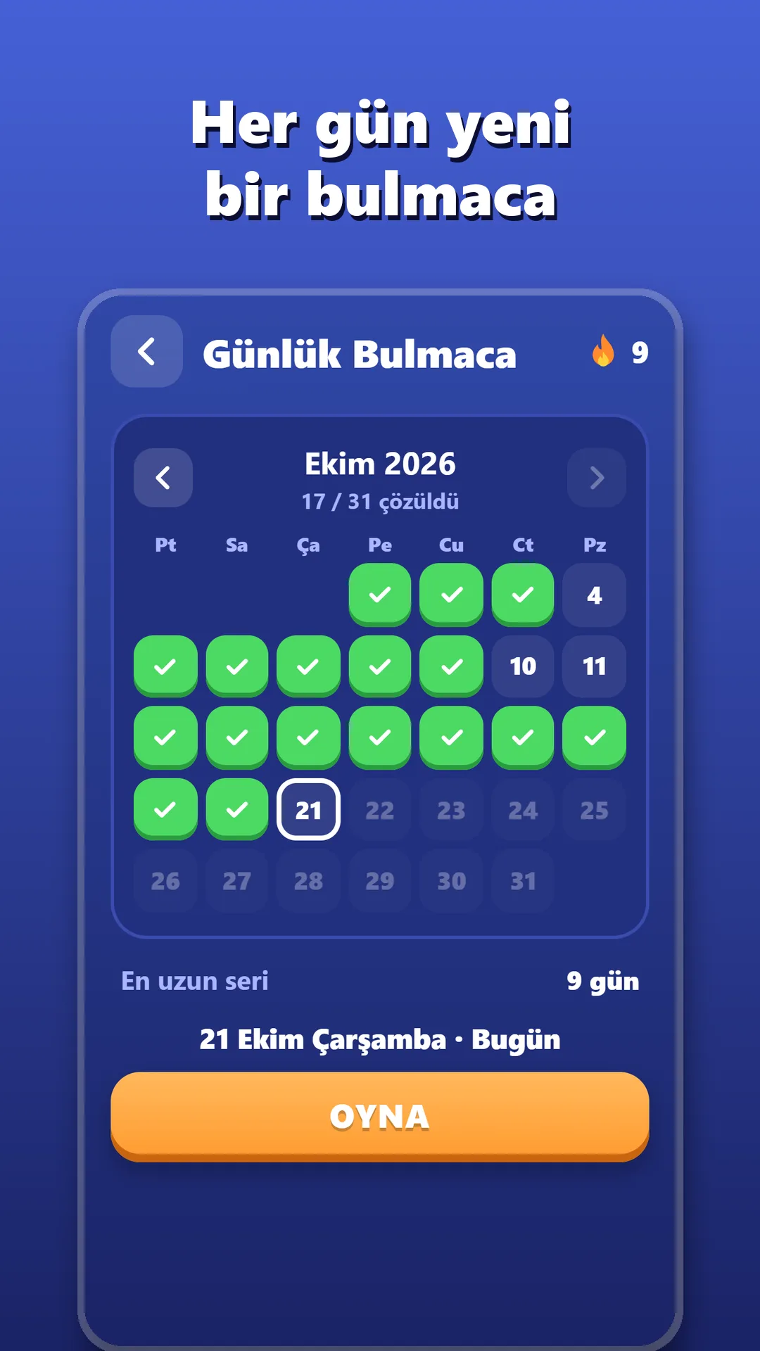 Blok Patlat Günlük Bulmaca takvimi: çözülen günler ve en uzun seri