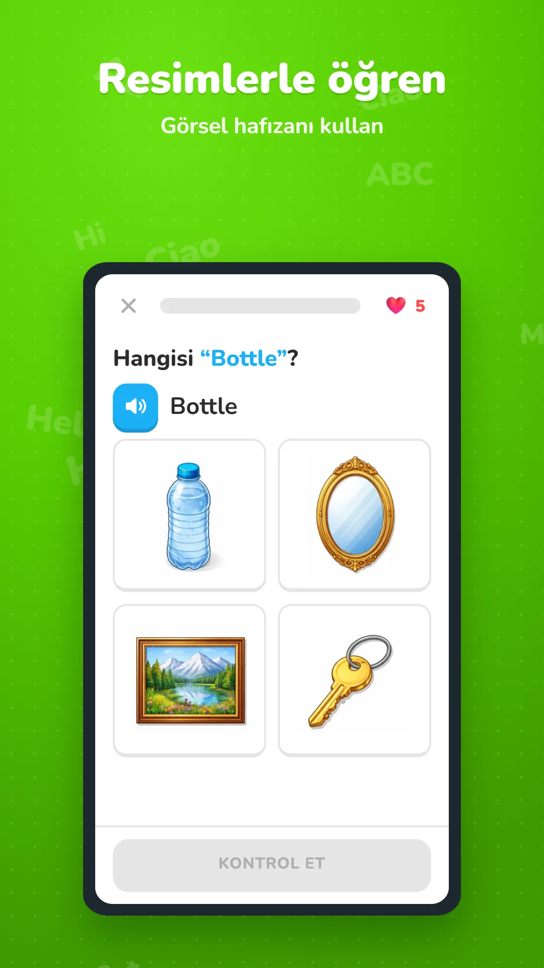 WordQuest resimli soru: Bottle kelimesi için şişe, ayna, tablo ve anahtar resimleri