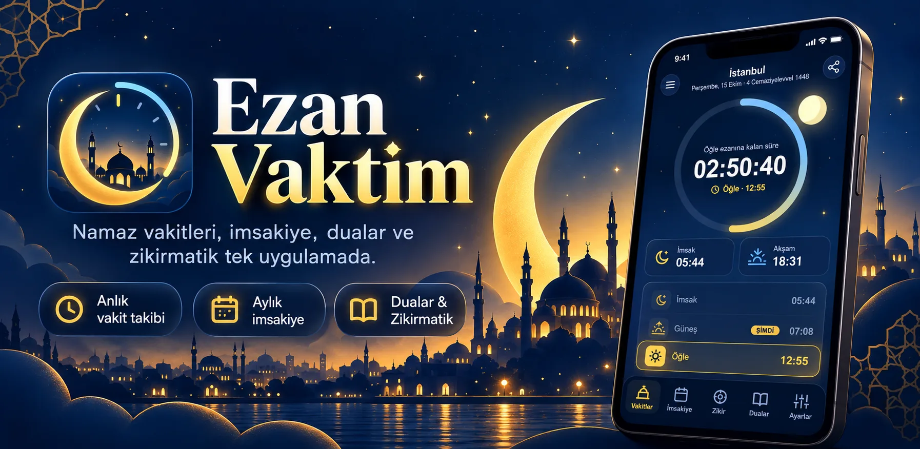 Ezan Vaktim namaz vakti uygulaması kapak görseli, cami silueti ve hilal