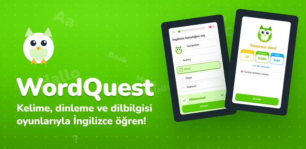 WordQuest: Dil Kelime Oyunu kapak görseli, İngilizce öğrenmeye eşlik eden bilge baykuş