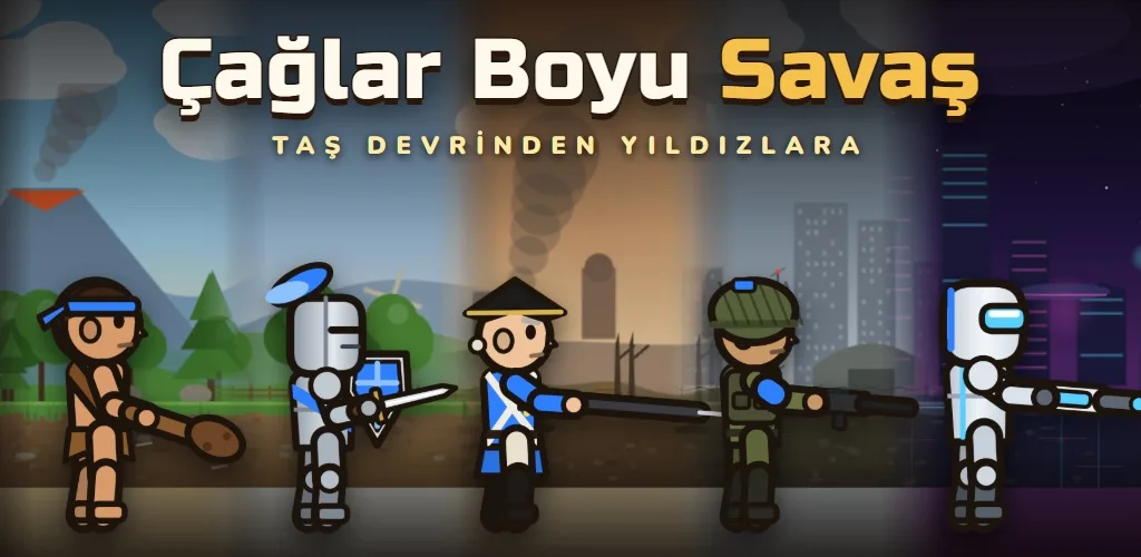 Çağlar Boyu Savaş kapak görseli: taş devri, orta çağ, barut, modern ve gelecek çağı askerleri