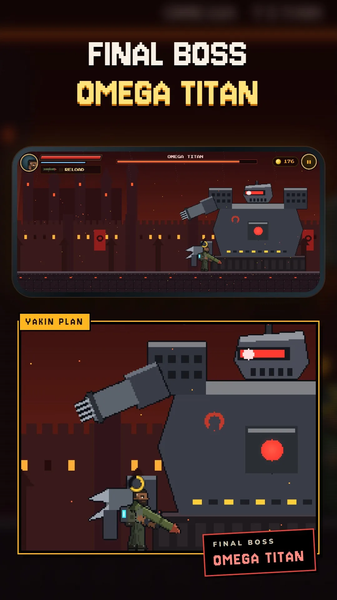 Piksel Komando final boss Omega Titan, Omega Fortress kalesinde askerle savaş